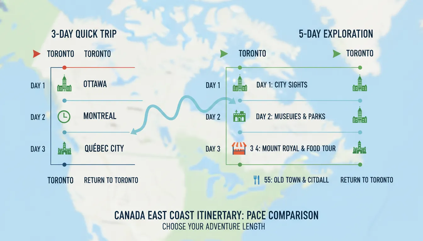 An itinerary comparison map showing route stopovers for 3-day and 5-day trips starting from Toronto to Montreal and Quebec City.