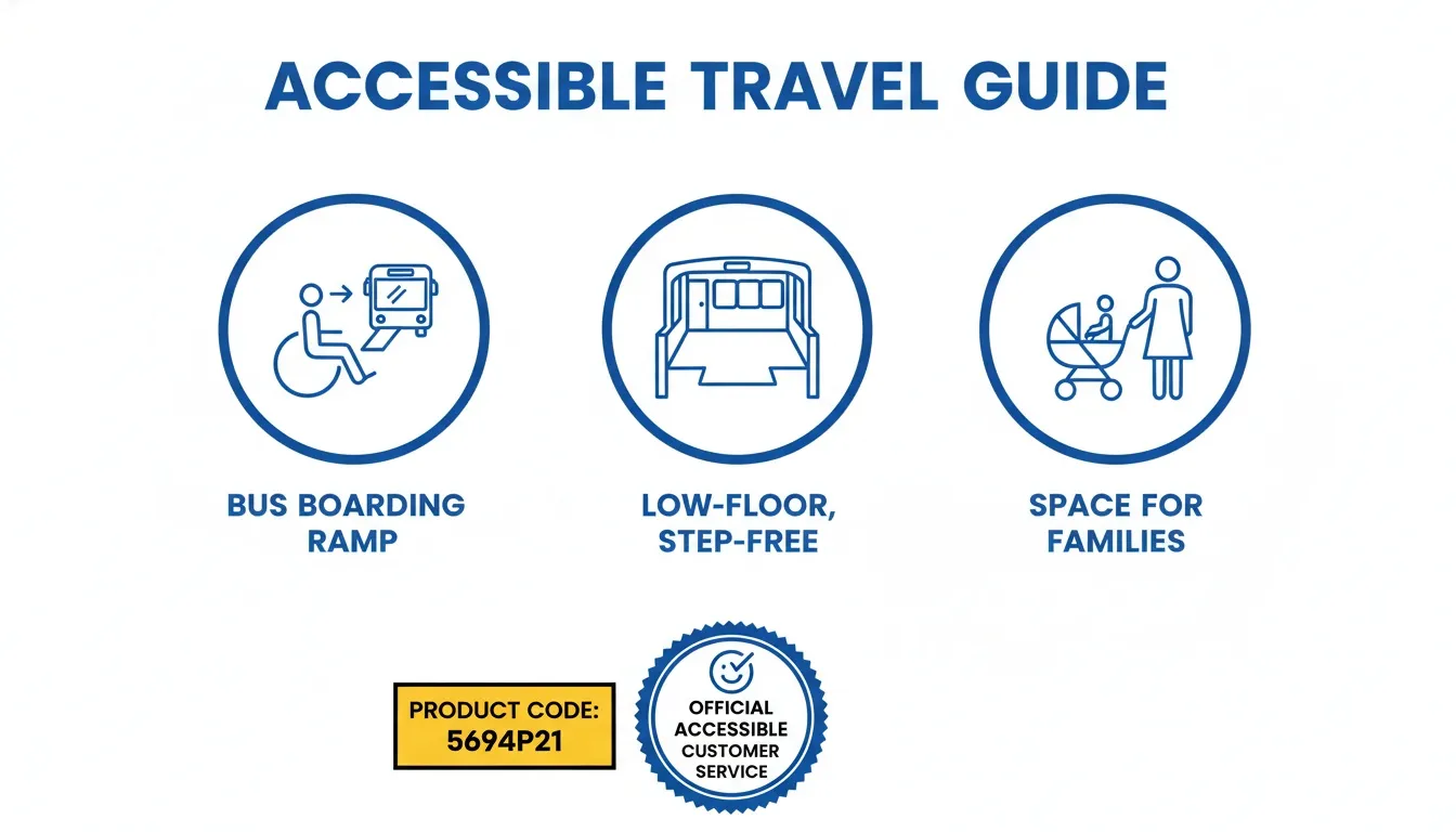 Graphic guide showing accessible travel features including bus boarding ramp, step-free low-floor access, and family spaces.