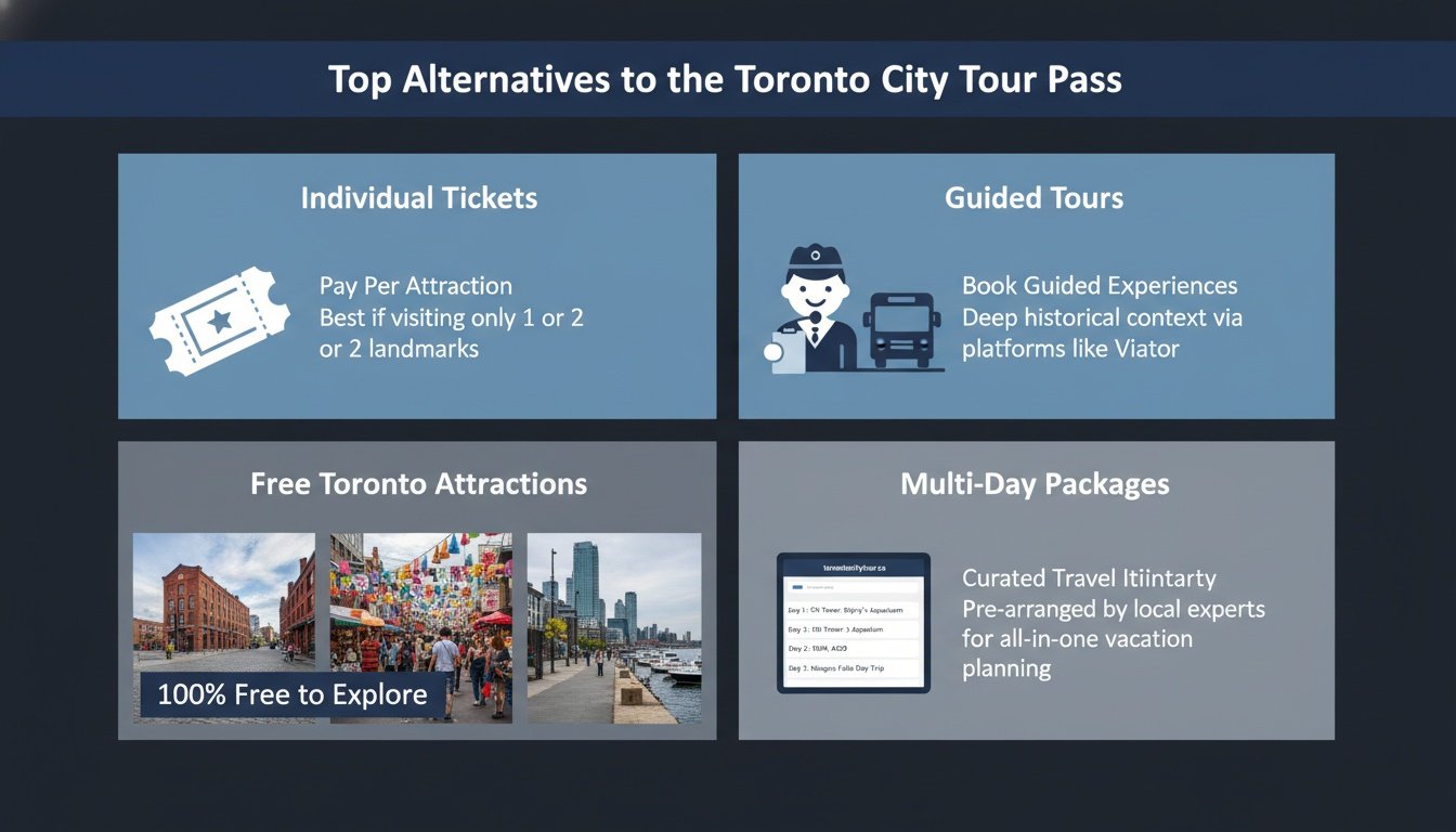 Infographic showing alternatives to the Toronto City Tour Pass, featuring tickets, guided tours, free attractions, and multi-day packages.