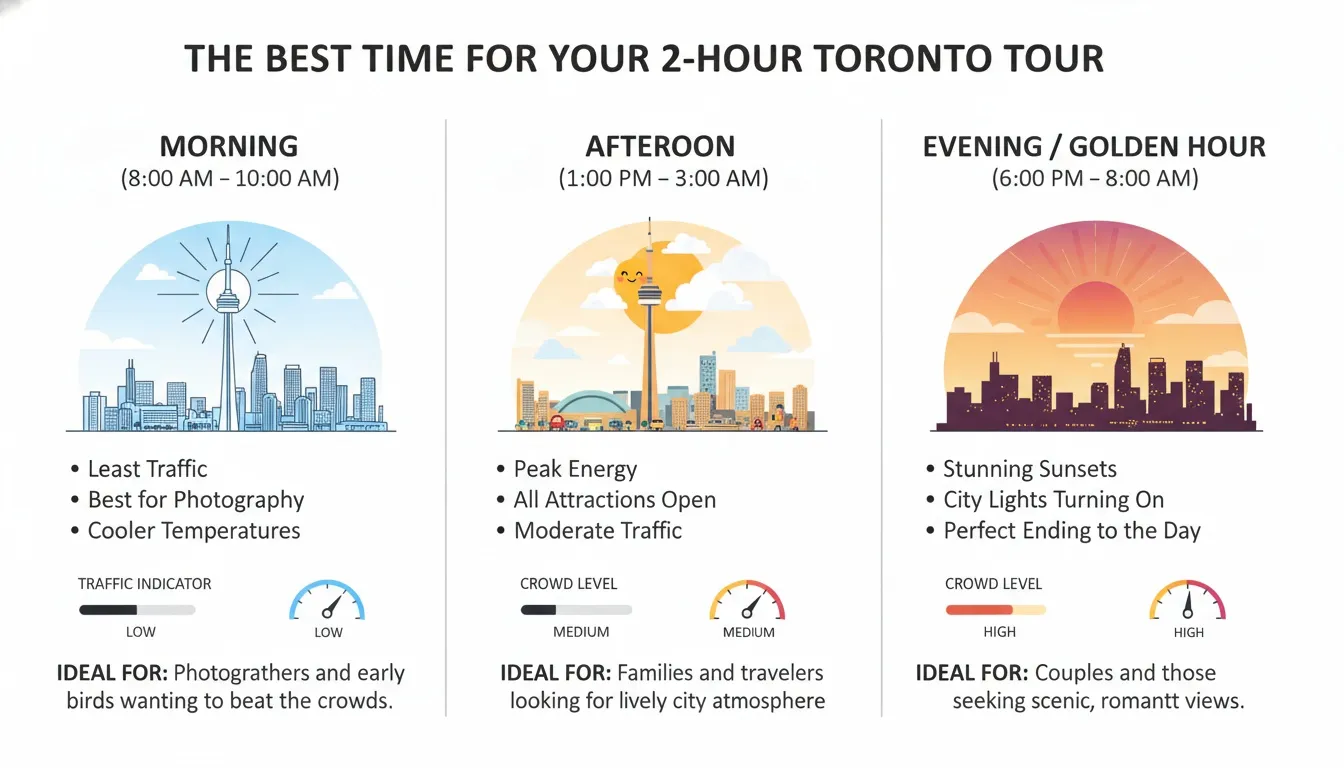 An infographic detailing morning, afternoon, and evening options for a Toronto tour with traffic and crowd level indicators.