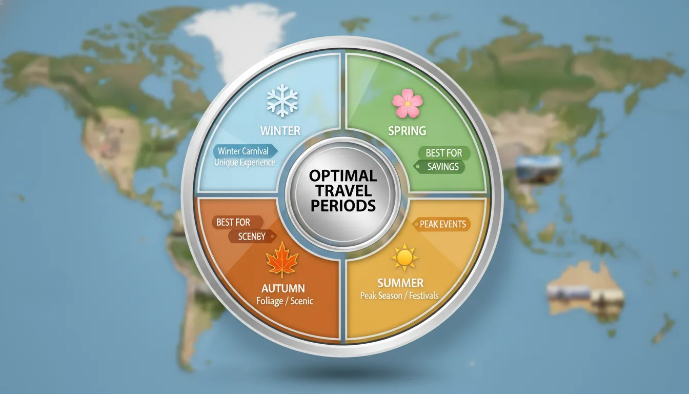 A seasonal color-coded infographic showing the best months for touring Montreal and Quebec City from Toronto, featuring icons for festivals, weather, and budget-friendly periods.