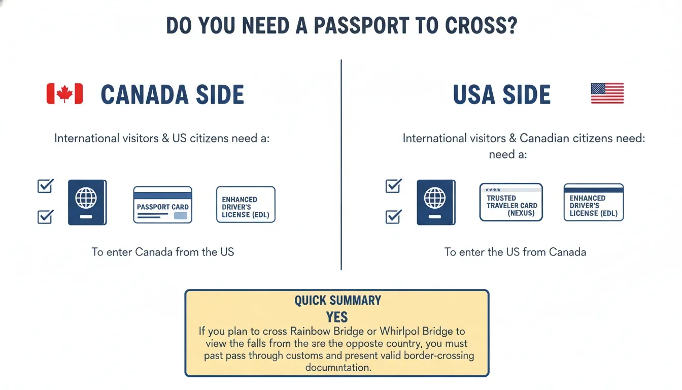 An informational graphic illustrating required border-crossing identification for the Canada and USA sides.