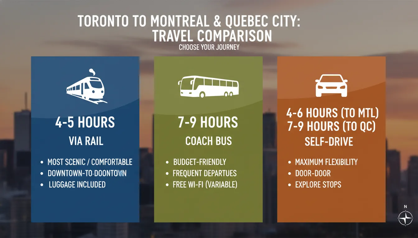An infographic displaying transport icons for train, bus, and car routes from Toronto to Montreal and Quebec City, highlighting travel times and convenience.