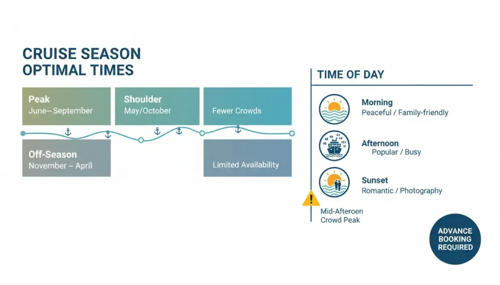 An infographic showing optimal times, seasons, and times of day for taking a cruise tour.