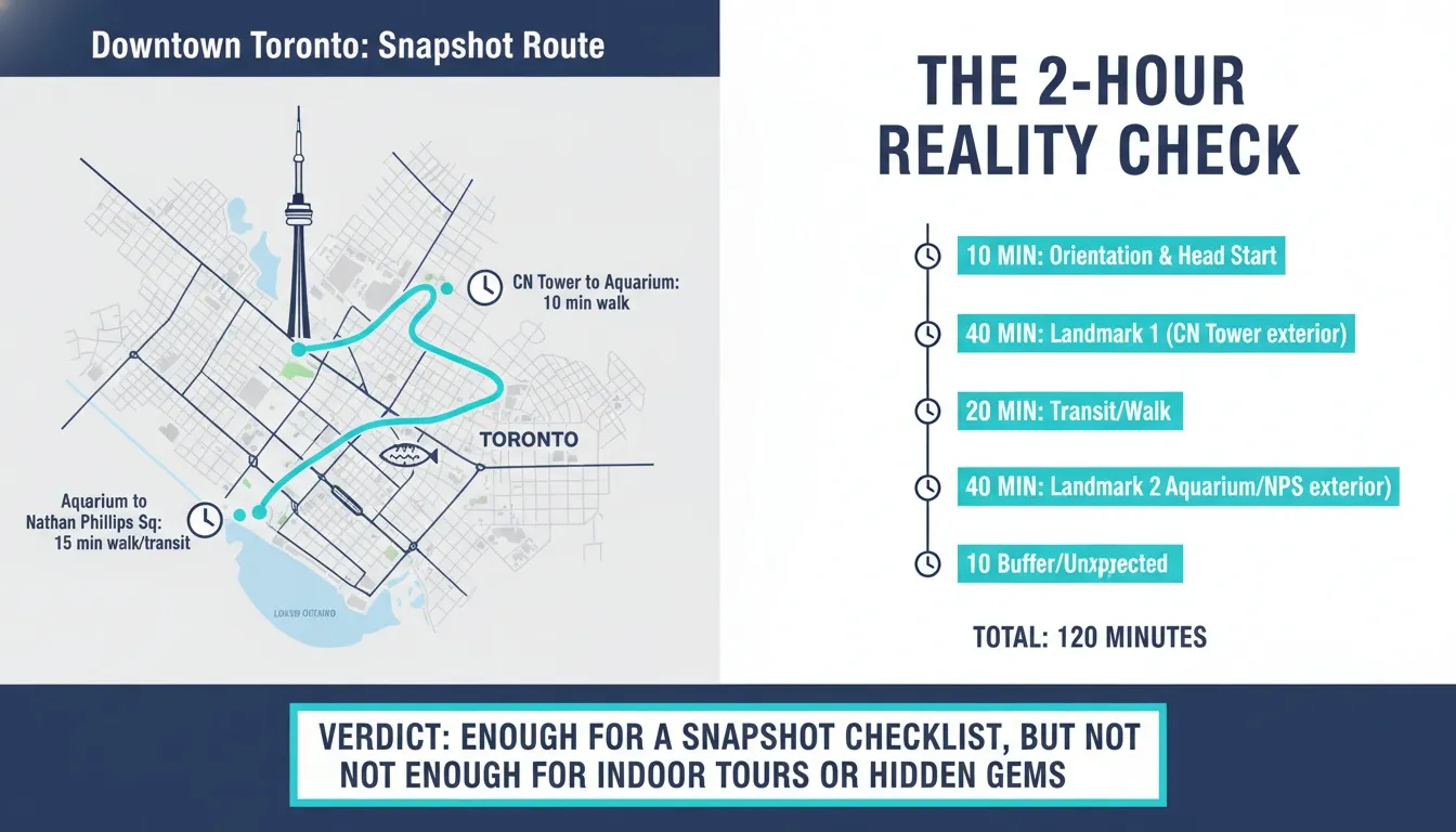 An infographic map showing a 2-hour rapid walking route between the CN Tower and Aquarium in Toronto.