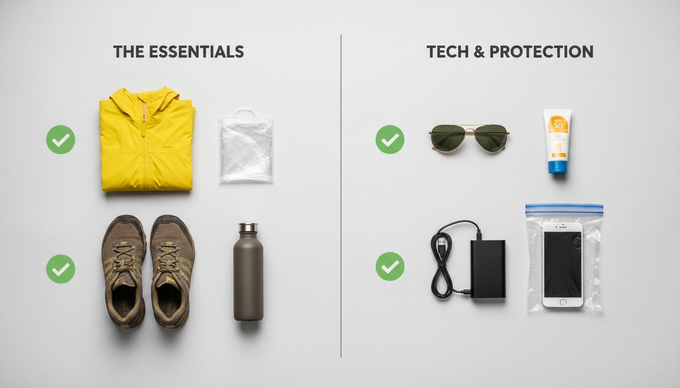 A curated flat lay of tour essentials including hiking shoes, jacket, sunscreen, and phone near Toronto.