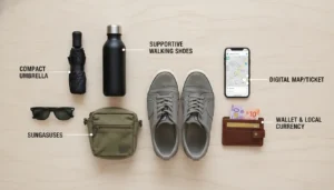 Walking shoes, water bottle, phone and day bag laid out for a Toronto sightseeing day
