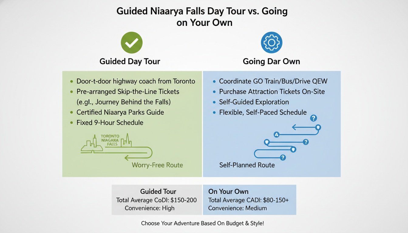 An infographic comparing a guided Niaarya Falls day tour with traveling on your own, highlighting costs and routes.