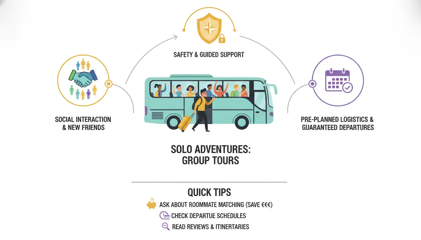 An infographic illustration showing a happy solo traveler connecting with a group tour bus, with icons for guaranteed departures, social interaction, and safety.