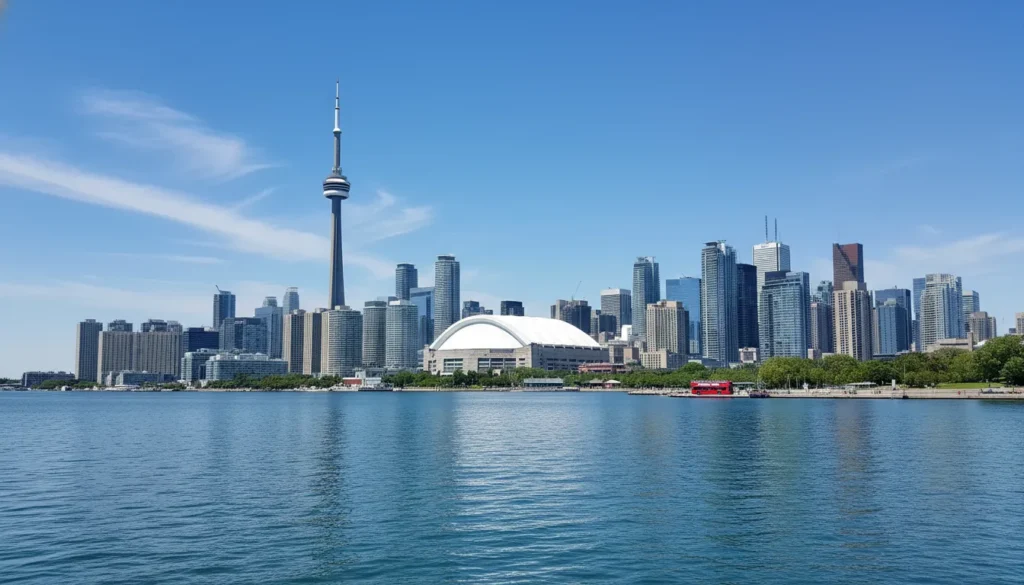 Toronto skyline with the CN Tower and Rogers Centre seen from Lake Ontario on a clear day