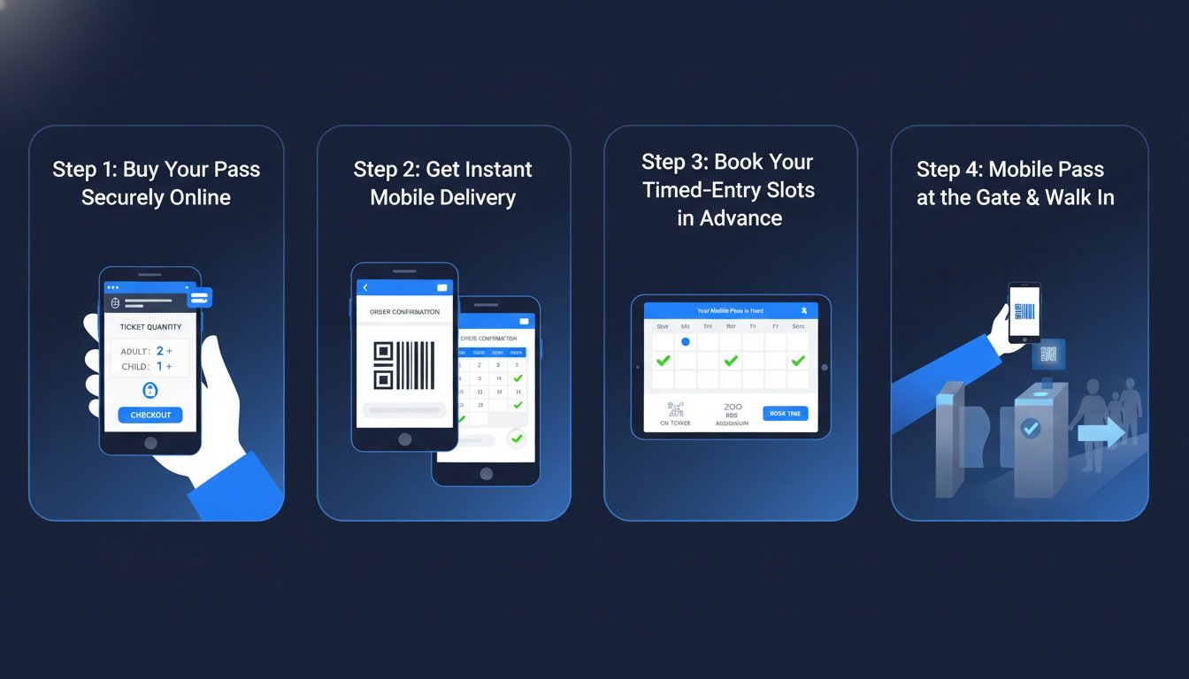Four-step infographic detailing how to purchase, schedule, and scan mobile entry passes on devices.