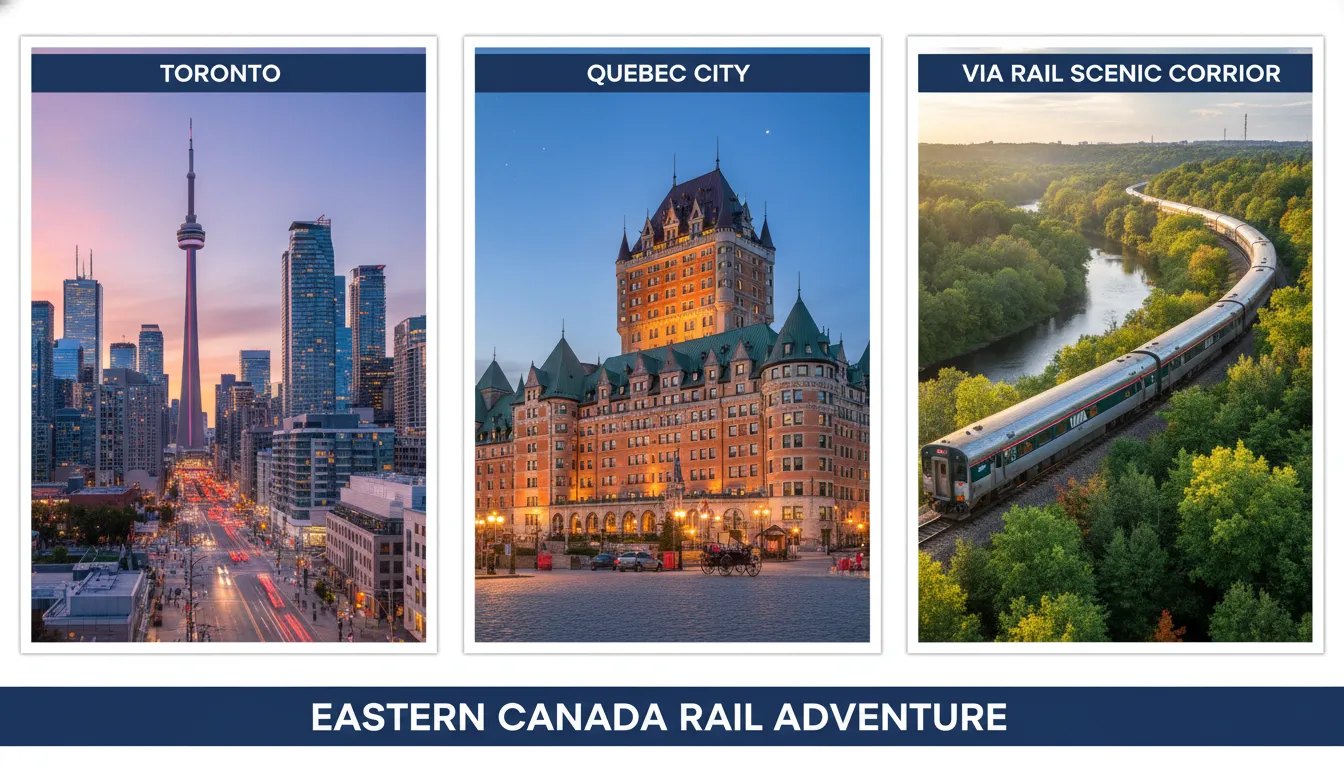 A scenic composite view showing the skyline of Toronto, the historic charm of Old Quebec, and a train traveling through the Eastern Canada landscape.
