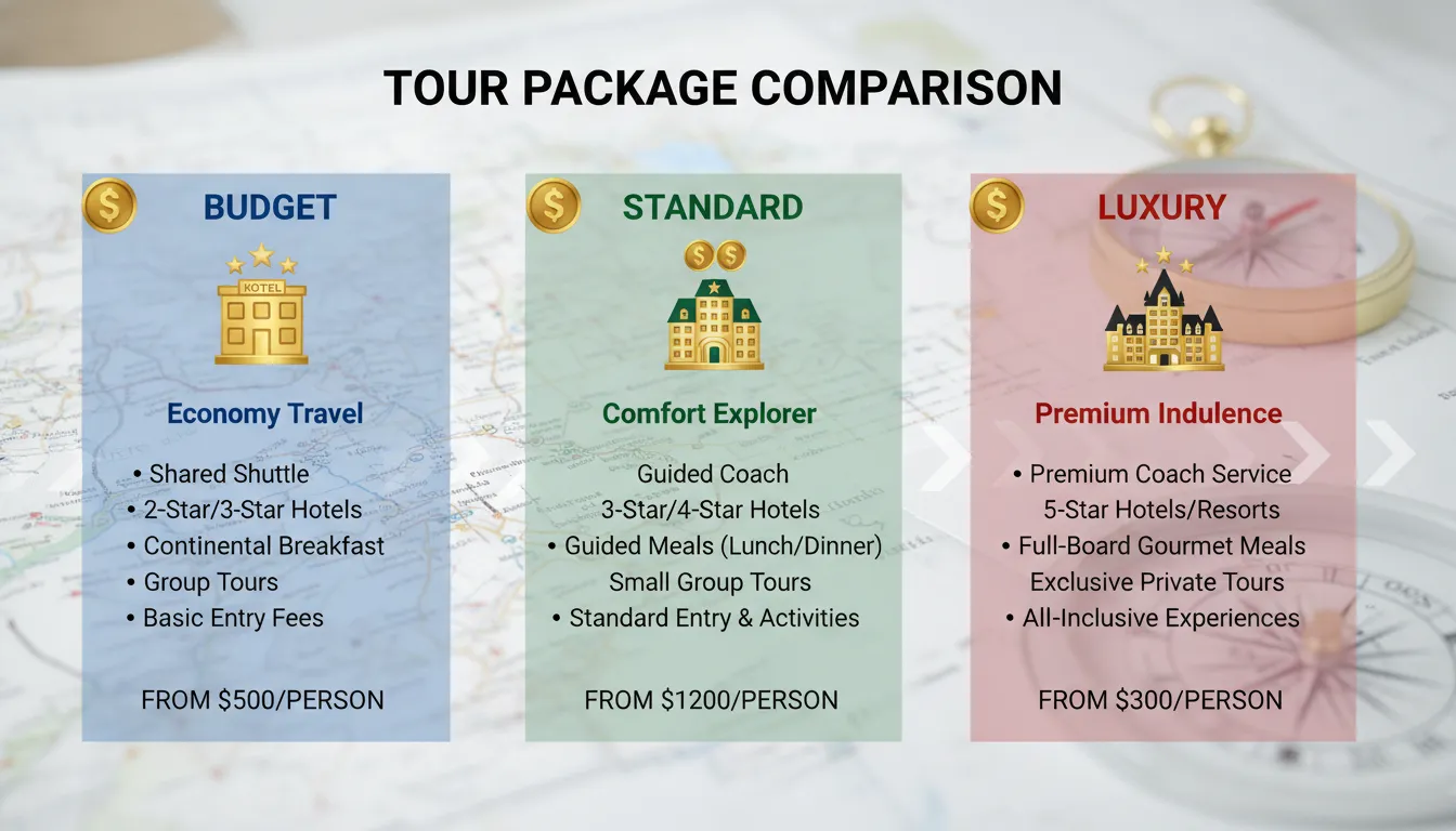 An infographic comparing three tour package tiers: Budget, Standard, and Luxury, showing price ranges, hotel levels, and key inclusions for trips from Toronto.