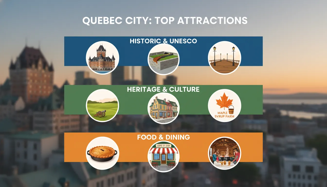 A visual guide of Quebec City featuring the Château Frontenac, Old Quebec fortification walls, and the Petit-Champlain district with icons representing local culinary experiences.
