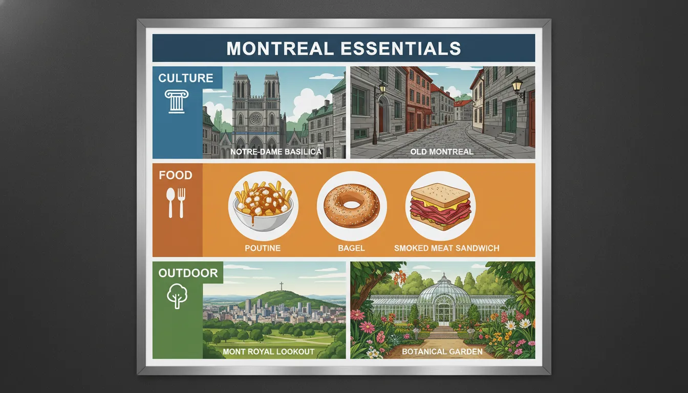 A map-style infographic of Montreal highlighting key tourist attractions including Old Montreal, Notre-Dame Basilica, Mount Royal Park, and food landmarks like Schwartz’s Deli and St-Viateur Bagel.