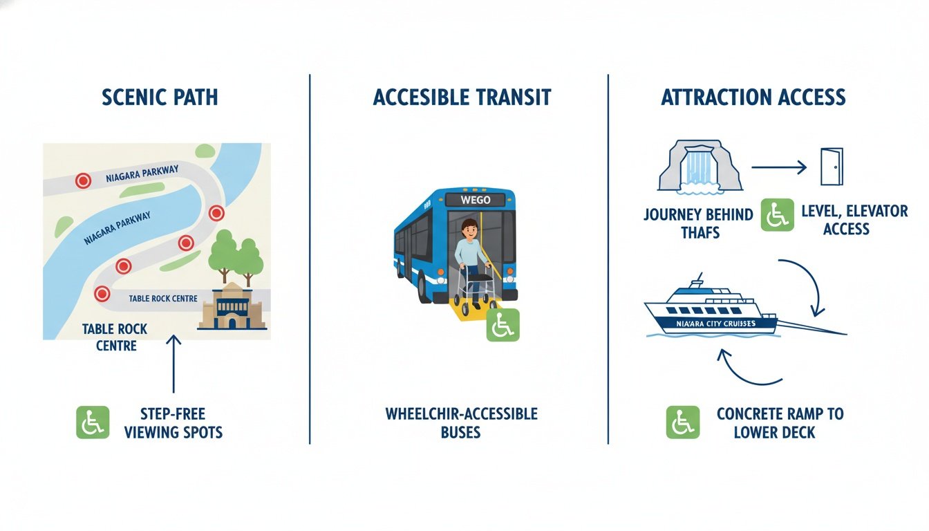An infographic illustrating wheelchair-accessible paths, WEGO transit buses, and attraction access options at Niagara Falls.