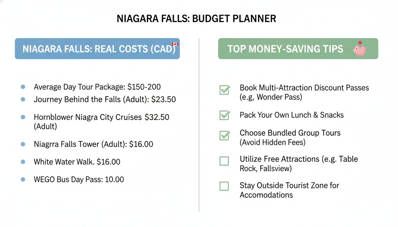 An infographic detailing Niagara Falls travel costs in CAD and top money-saving tips for visitors.