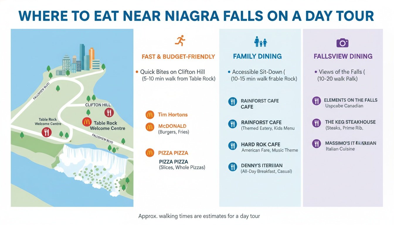 Infographic showing dining options near Niagara Falls, categorized by budget, family dining, and Fallsview options.