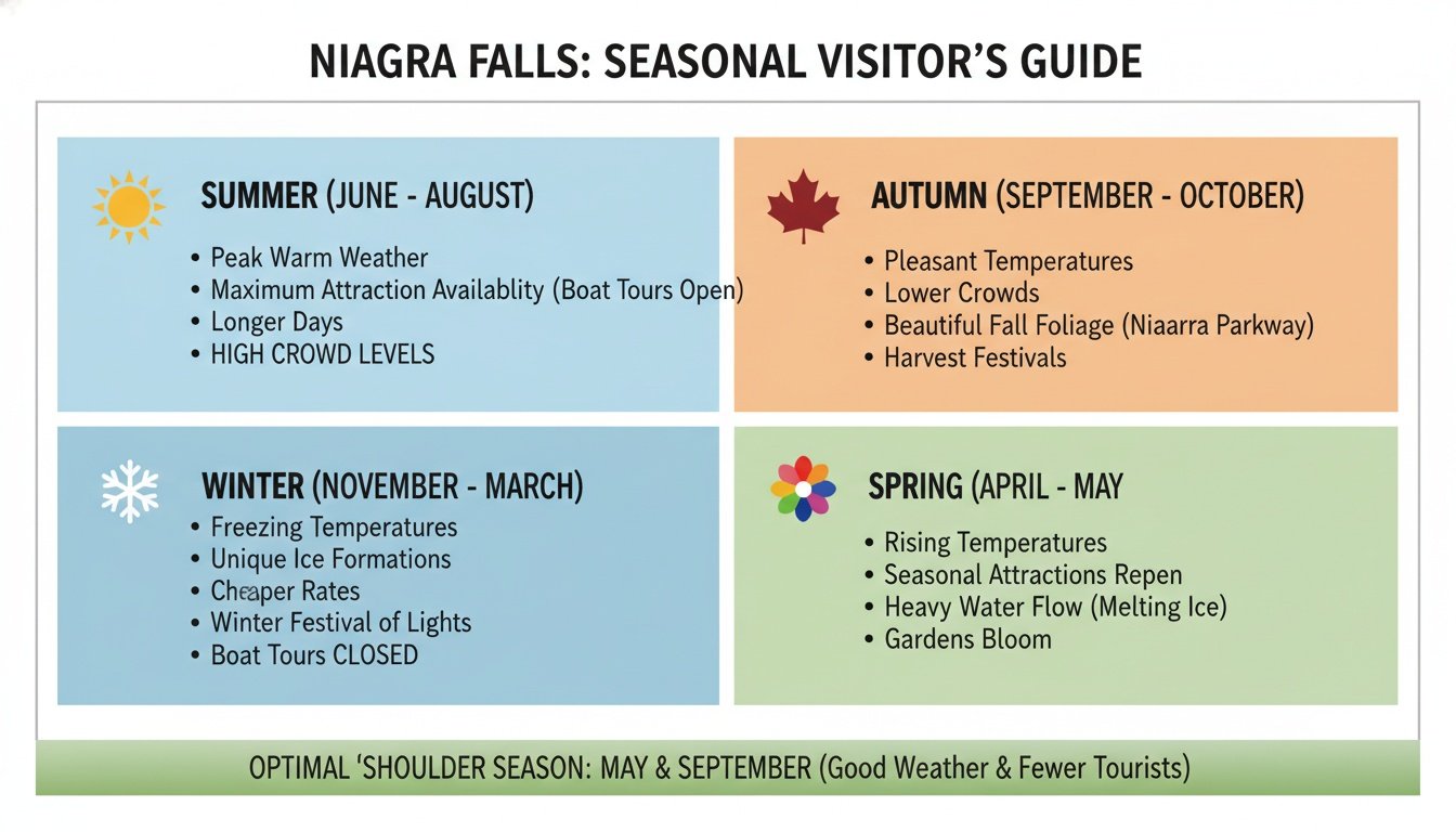 An infographic detailing the seasonal visitor's guide for Niagara Falls across summer, autumn, winter, and spring.