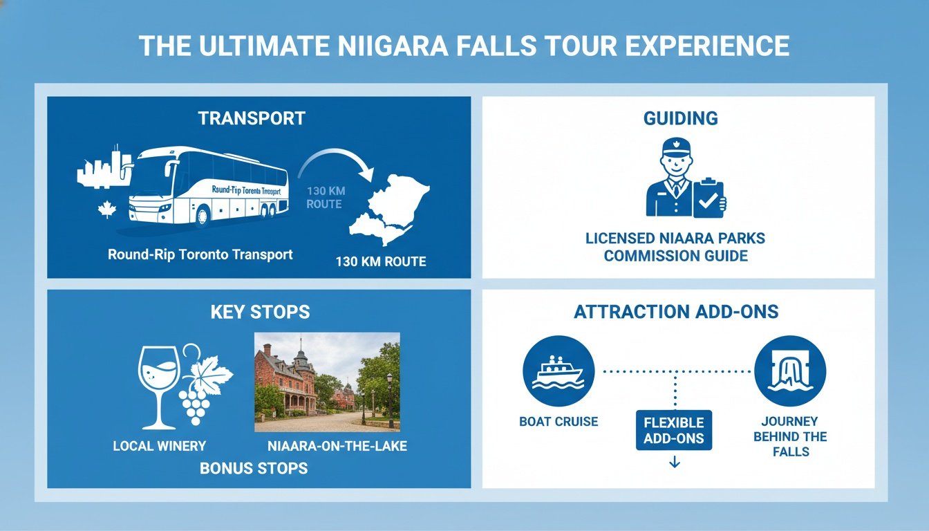 Infographic showing Niagara Falls tour options including round-trip transport, licensed guides, winery stops, and boat cruises.