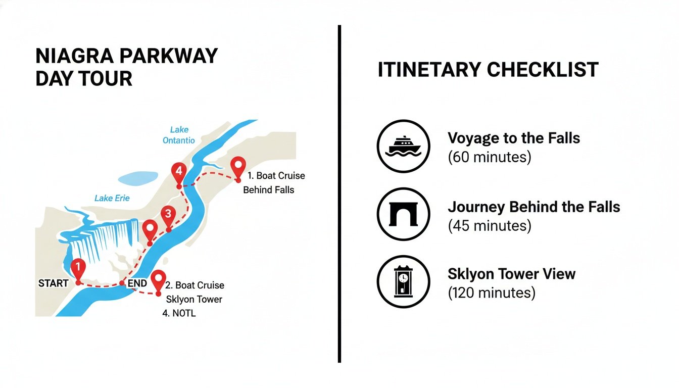 Map infographic outlining a Niagara Parkway day tour with an itinerary checklist featuring regional falls attractions.
