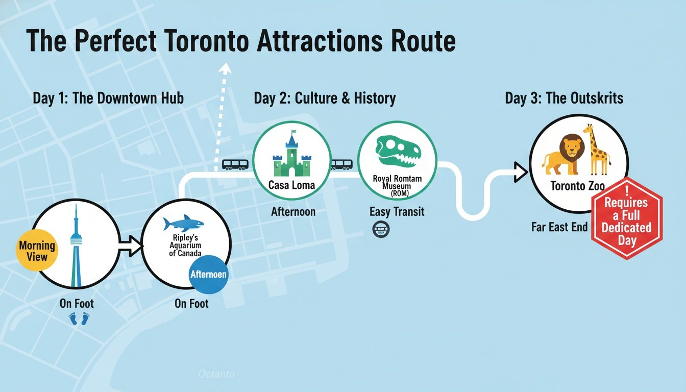 Infographic showing a 3-day perfect Toronto attractions route including CN Tower, Ripley's Aquarium, Casa Loma, ROM, and Toronto Zoo.