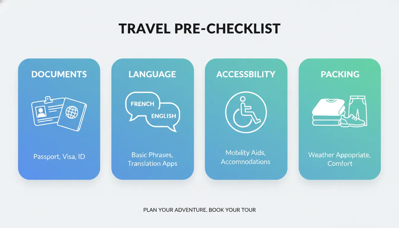 An infographic checklist showing travel essentials for a trip from Toronto, including documents, language icons, accessibility symbols, and a packing list of layered clothing.