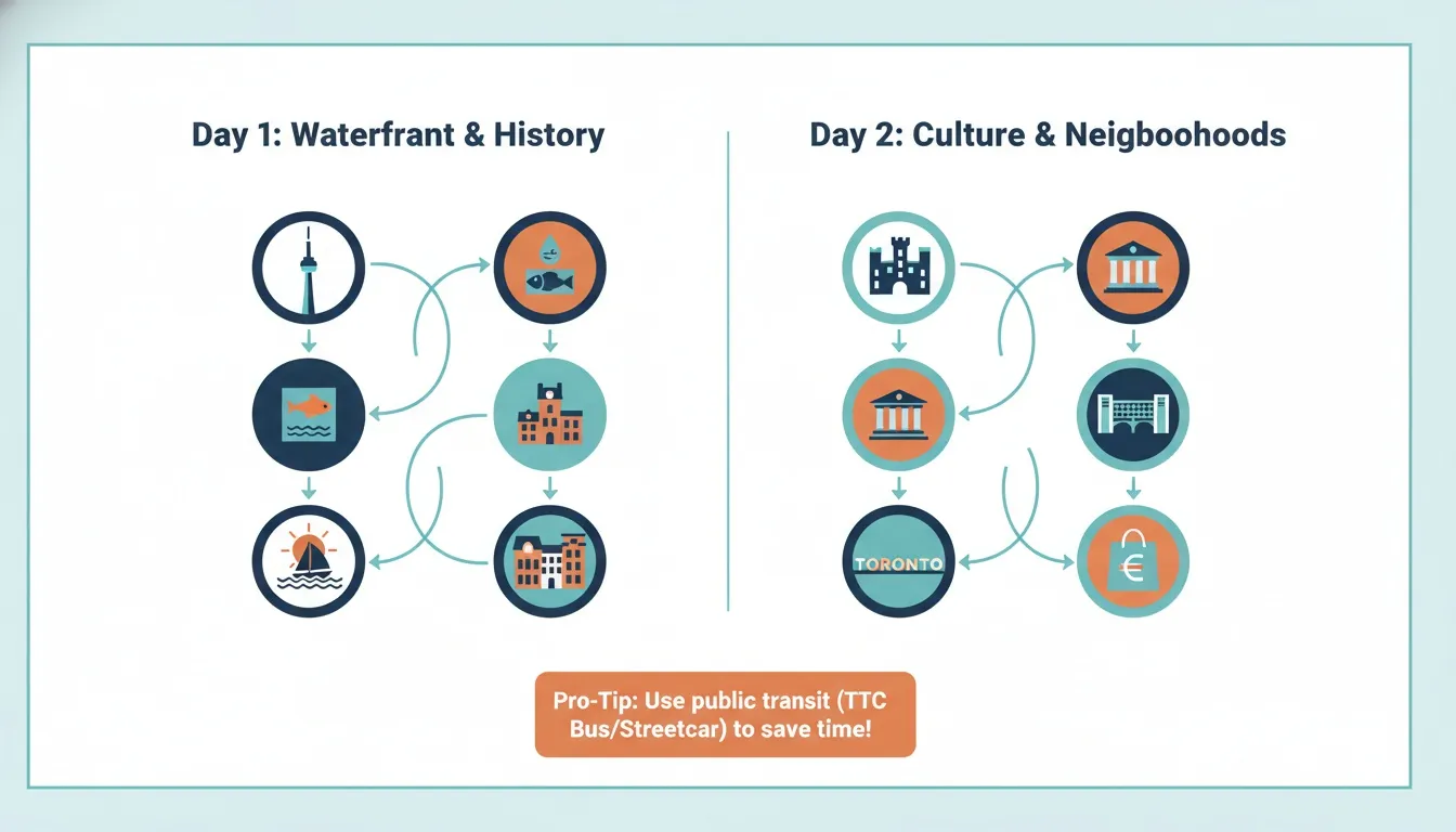 Graphic showcasing a two-day Toronto travel itinerary with icons of the CN Tower, museums, and historic districts.