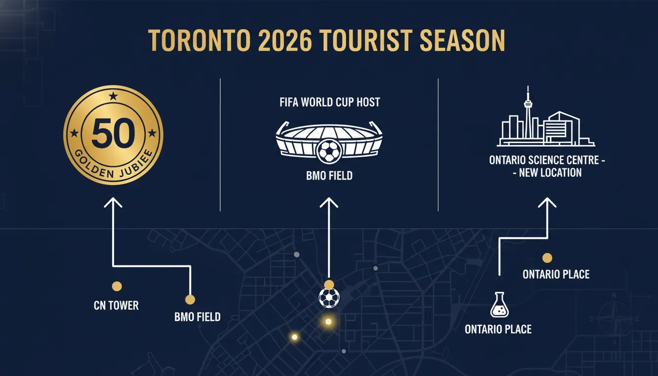 An infographic map detailing Toronto's 2026 tourist highlights, featuring BMO Field, CN Tower, and Ontario Place.
