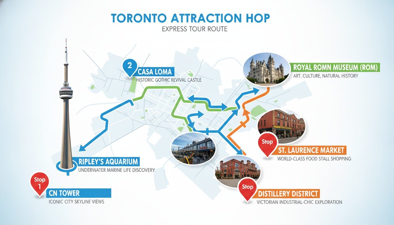 An illustrated tourist map showcasing the Toronto Attraction Hop express route with landmarks like CN Tower and Casa Loma.