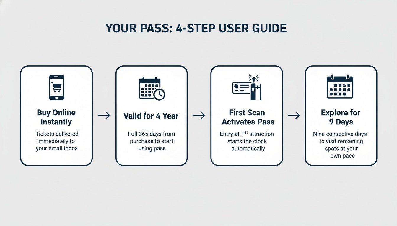An infographic showing a four-step guide on buying, validating, activating, and using a tourist sightseeing pass.