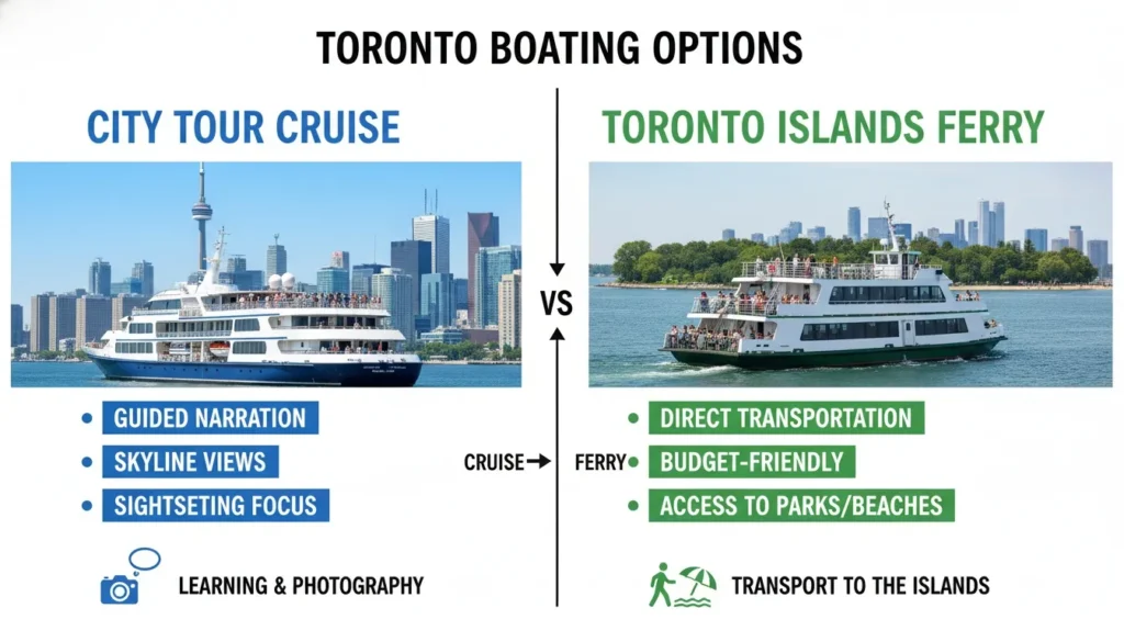 Infographic comparing a Toronto City Tour Cruise with the Toronto Islands Ferry options and features.