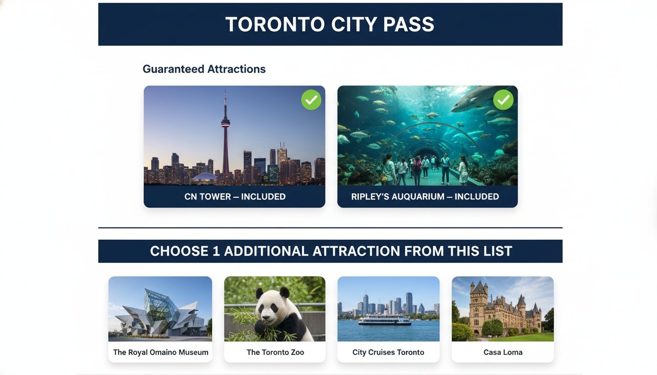 An infographic displaying Toronto City Pass attractions including the CN Tower, Ripley's Aquarium, and optional historic sites.