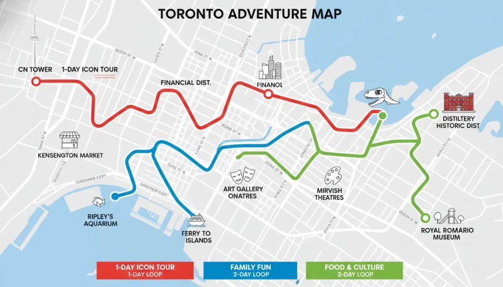 Illustrated map of Toronto tourist routes highlighting major city landmarks, tours, and downtown neighborhoods.