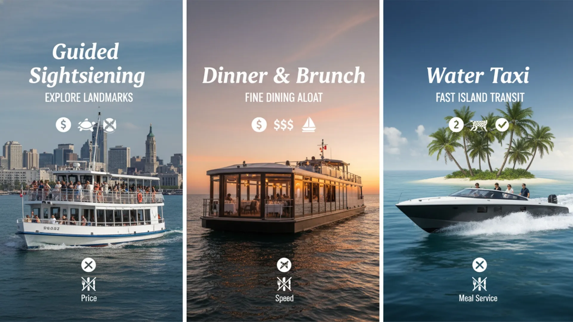Graphic showing guided sightseeing, fine dining, and water taxi boat options in Toronto.