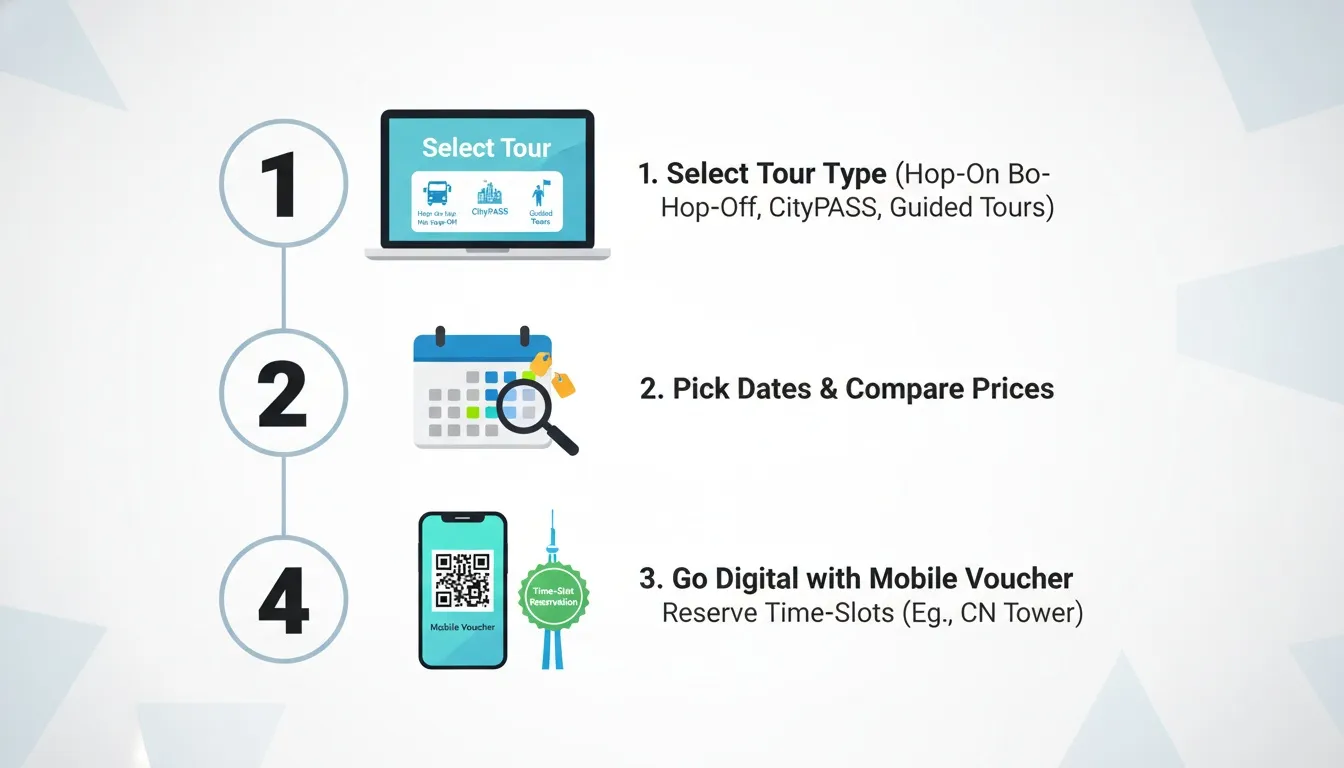 Infographic outlining a three-step booking process for torontocitytour digital mobile vouchers and CN Tower reservations.