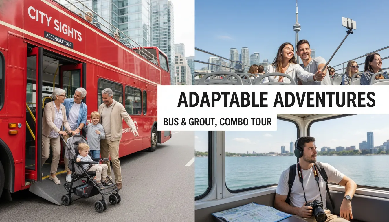 Collage showing tourists boarding an accessible red bus and enjoying scenic Toronto views from a boat and open-top deck.