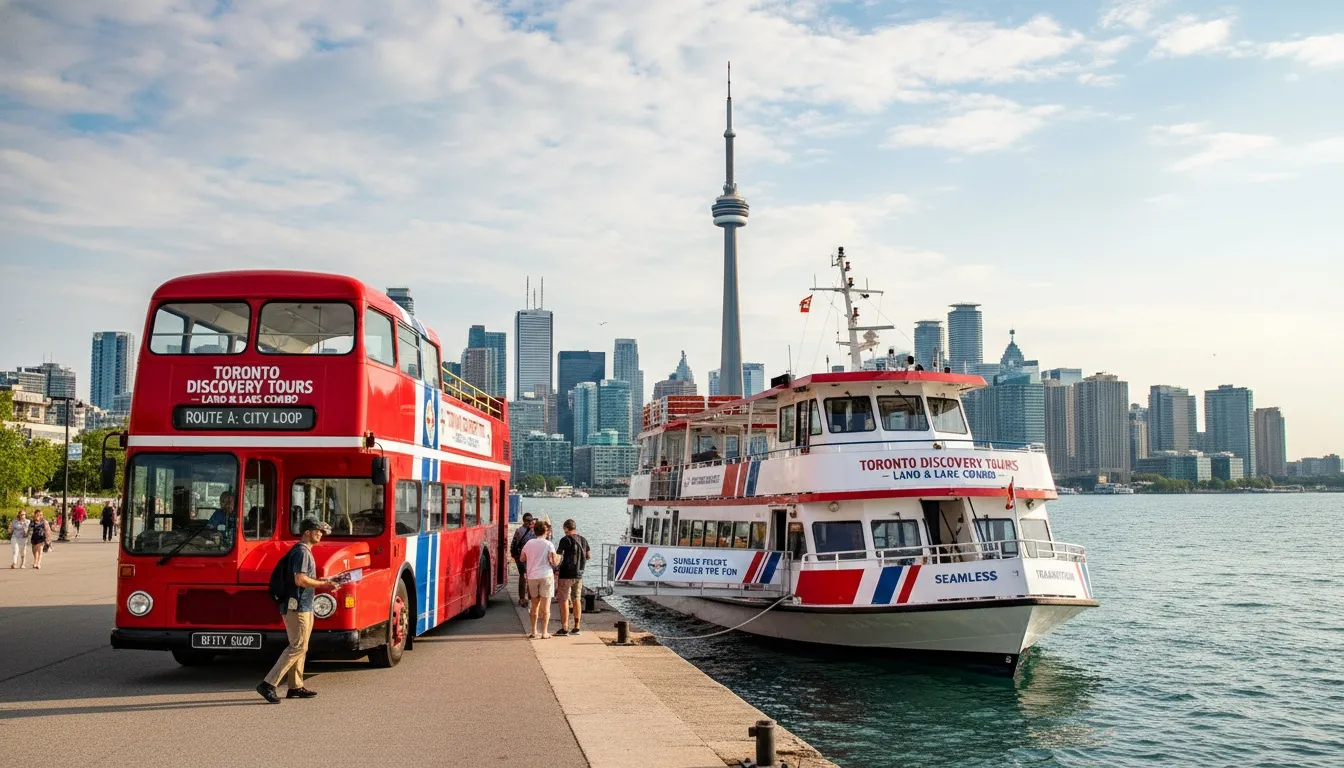 A red double-decker tour bus and a passenger tour boat docked along the Toronto harbor with the CN Tower background.