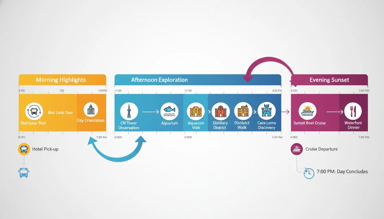 An infographic illustrating a full-day Toronto city tour itinerary including CN Tower, Aquarium, and Casa Loma.