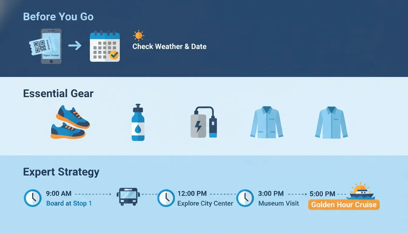 An infographic showing preparation steps, essential gear, and a daily timeline itinerary for a Toronto city tour.