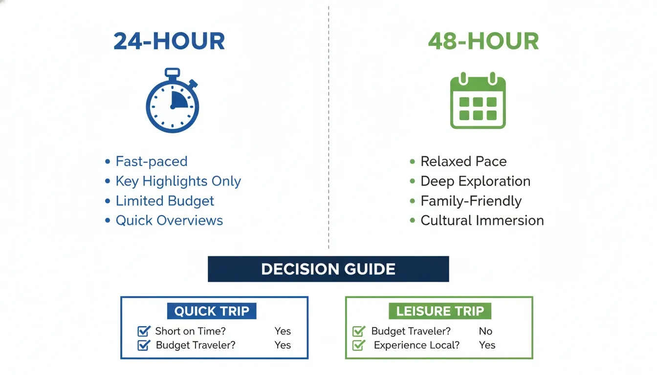 Visual graphic comparing 24-hour versus 48-hour tour benefits and decision-making criteria by torontocitytour.