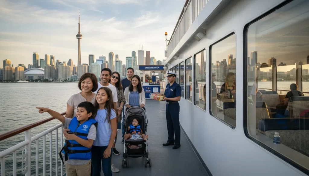 A multi-generational family enjoys a scenic harbour cruise with the iconic Toronto skyline and CN Tower background.