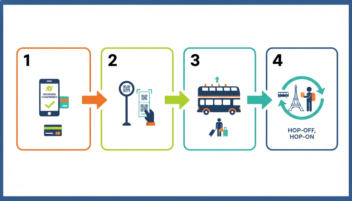 Infographic showing four steps to book, scan, board, and enjoy a Toronto hop-on hop-off bus tour.