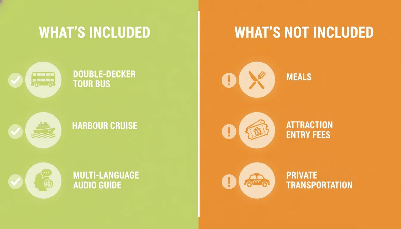 A split infographic highlighting tour inclusions like double-decker buses and exclusions like meals for torontocitytour.