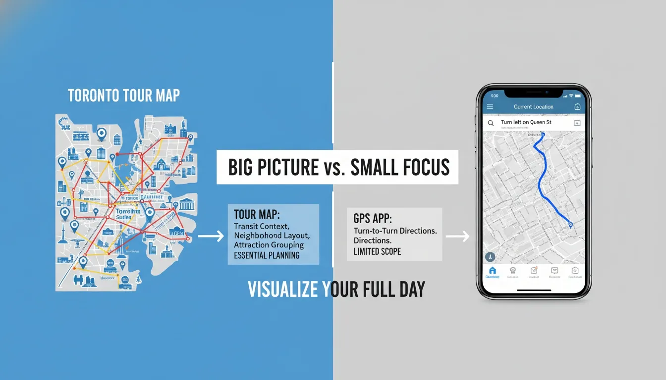 Infographic comparing a broad Toronto Tour Map layout with a turn-by-turn smartphone GPS navigation app screen.