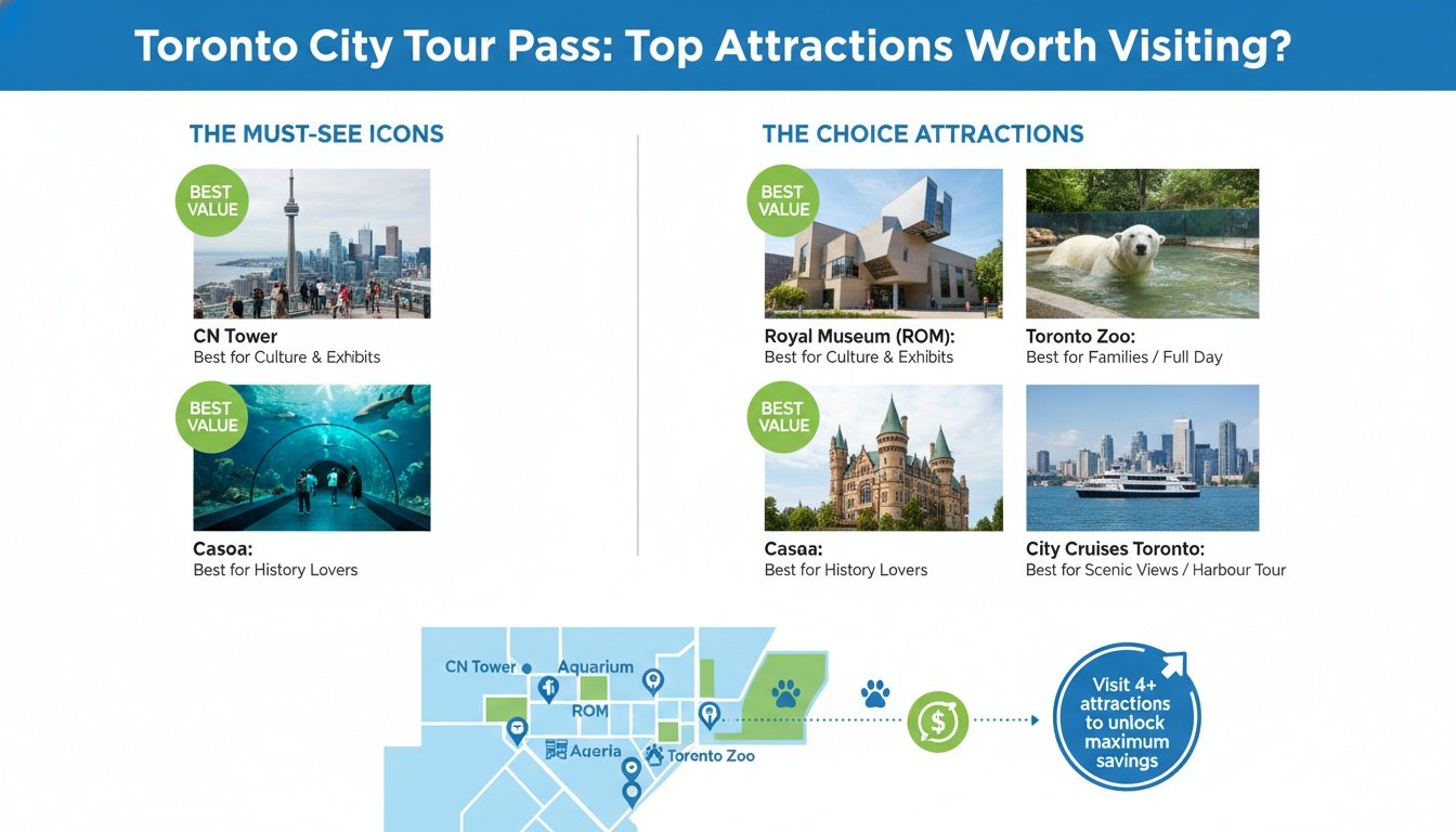 An infographic detailing major Toronto attractions like CN Tower, ROM, and Casa Loma for city tour passes.