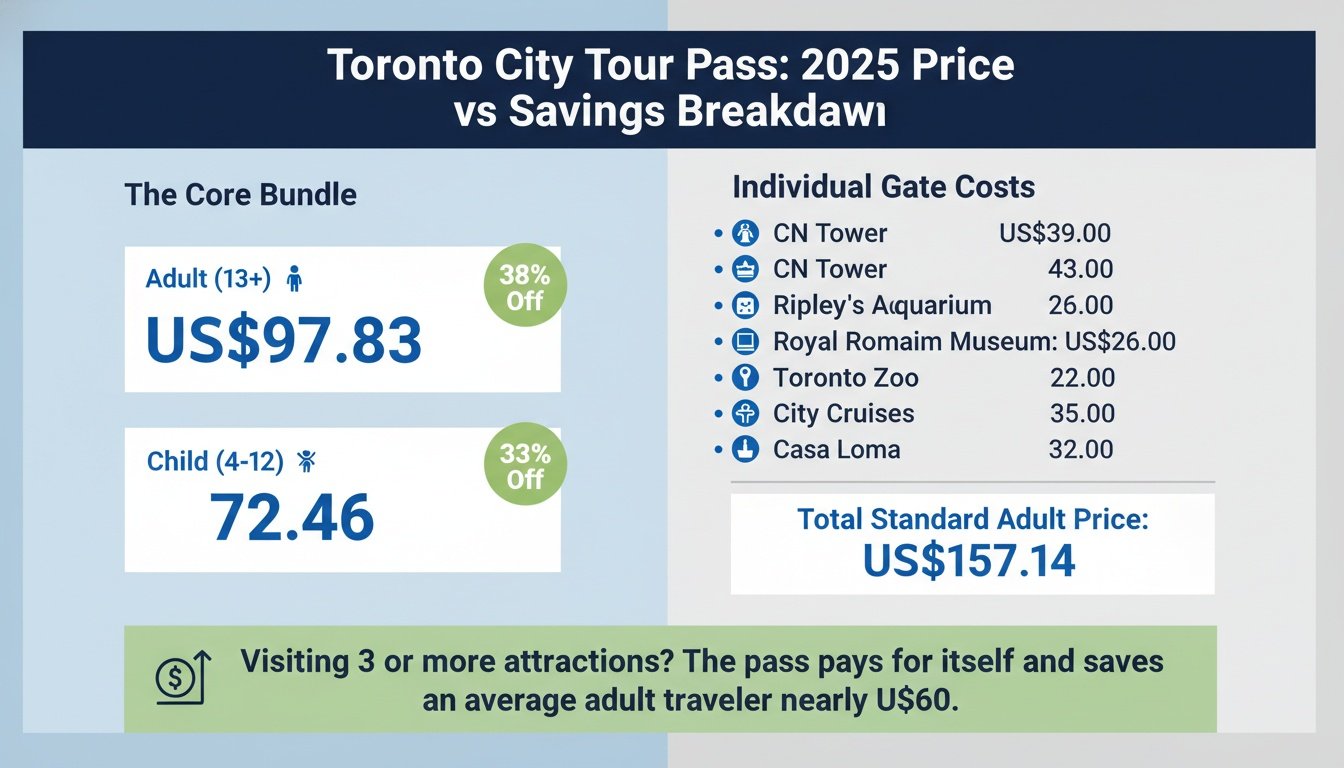 Infographic showing the Toronto City Tour Pass 2025 pricing, package bundle savings, and individual gate costs.