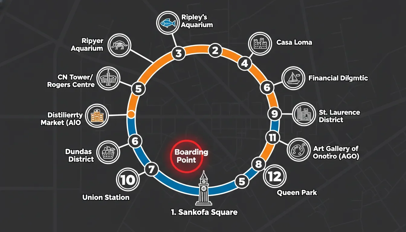 Stylized circular route map showing main tourist landmarks for the torontocitytour service area in downtown Toronto.