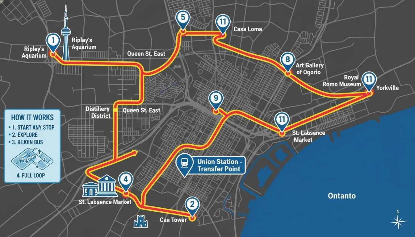 A stylized tourist route map of Toronto showing key stops and landmarks like Casa Loma and Yorkville.