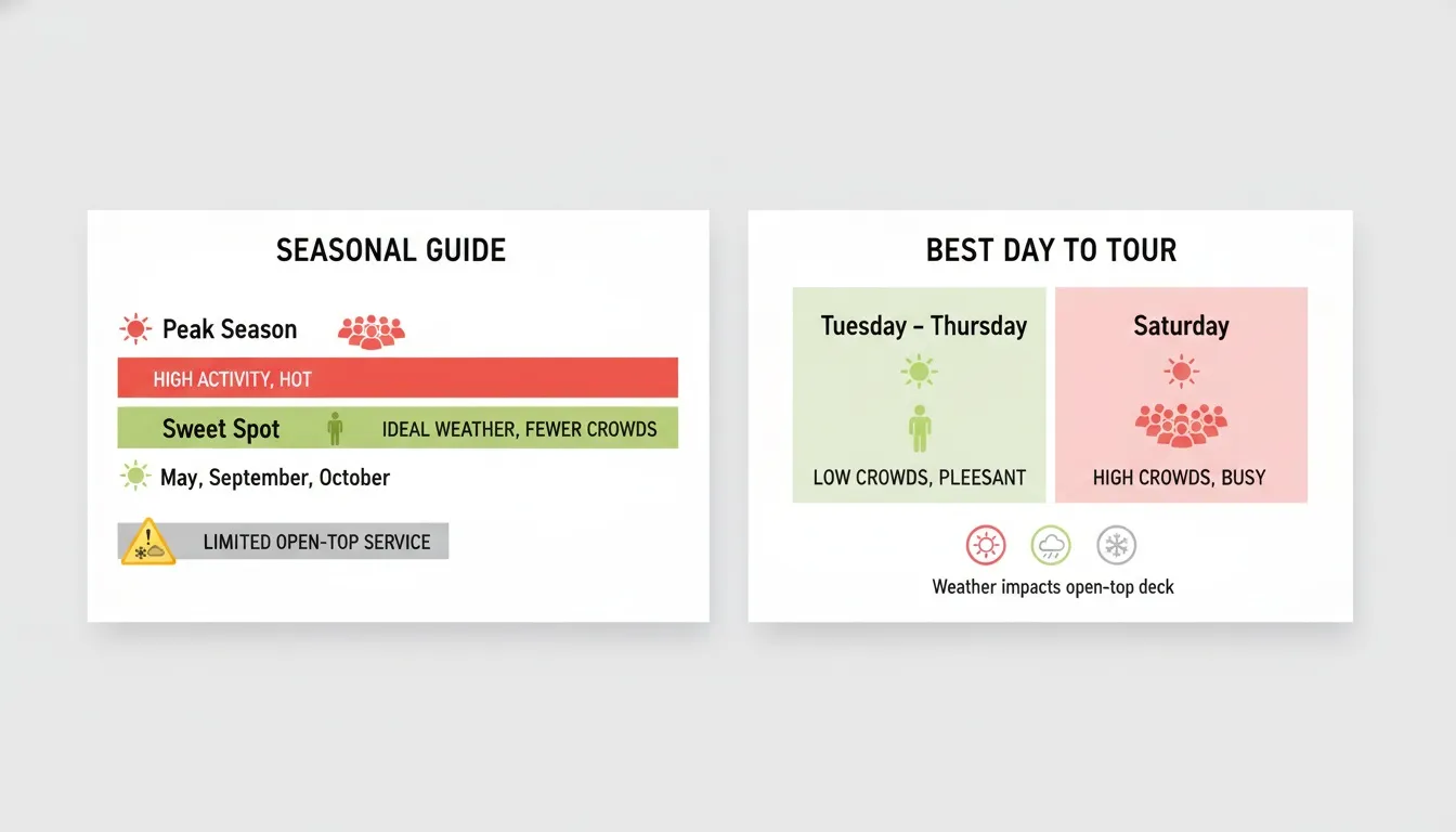 An infographic displaying seasonal guides and optimal touring days for the torontocitytour open-top bus in Toronto.